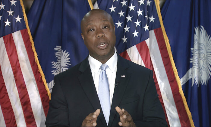 In this image from Senate Television video, Sen. Tim Scott (R-S.C.) delivers the Republican response to President Joe Biden’s speech to a joint session of Congress in Washington, on April 28, 2021. (Senate Television via AP)