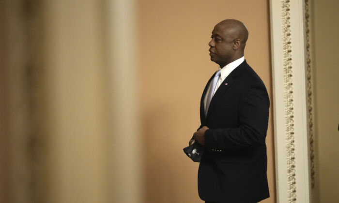 Sen. Tim Scott (R-S.C.) walks through the U.S. Capitol before delivering the Republican response to President Biden's address to Congress in Washington on April 28, 2021. (Drew Angerer/Getty Images)