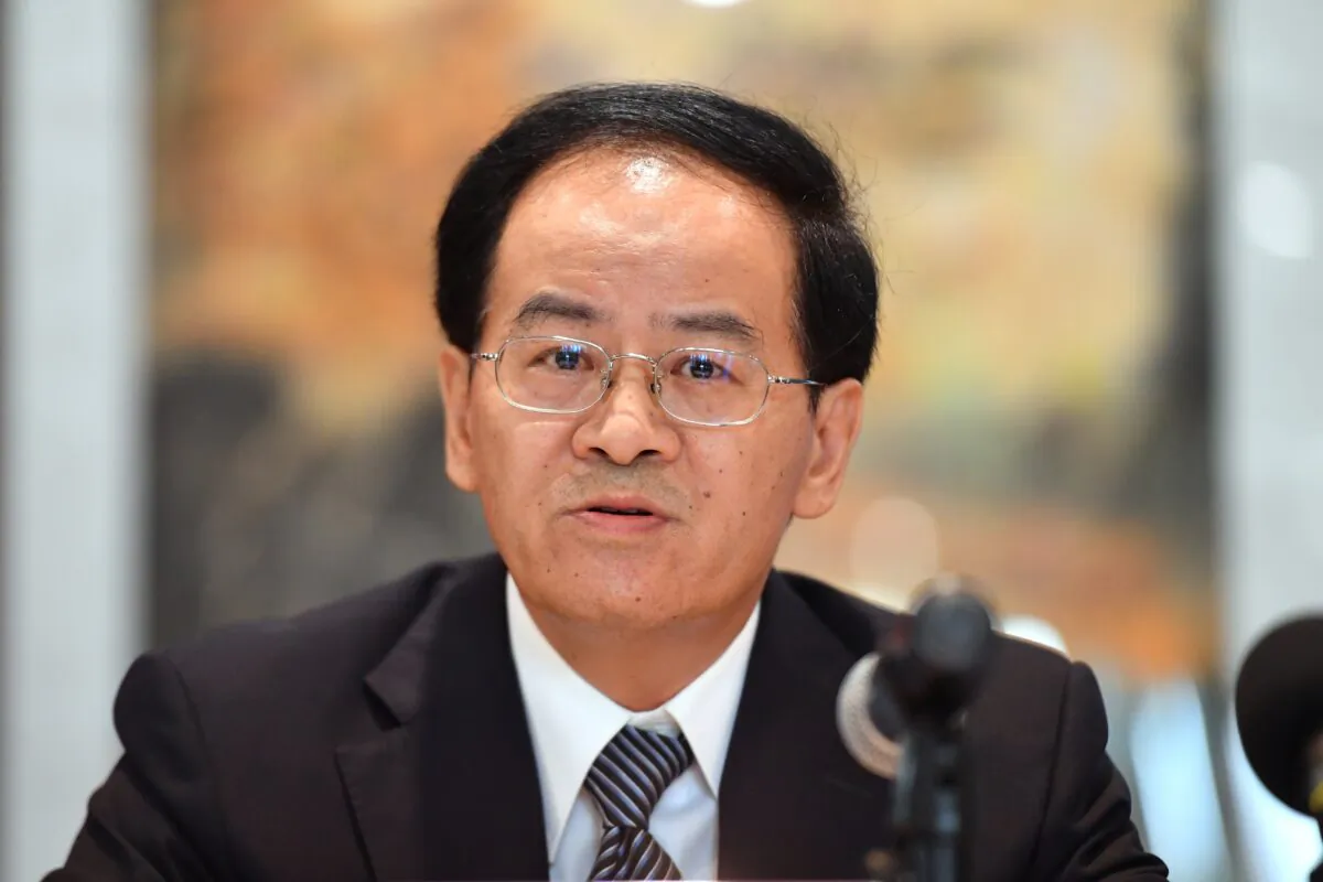 China’s Ambassador to Australia Cheng Jingye at a press conference at his residence in Canberra. Australia on April 7, 2021. (AAP Image/Mick Tsikas)
