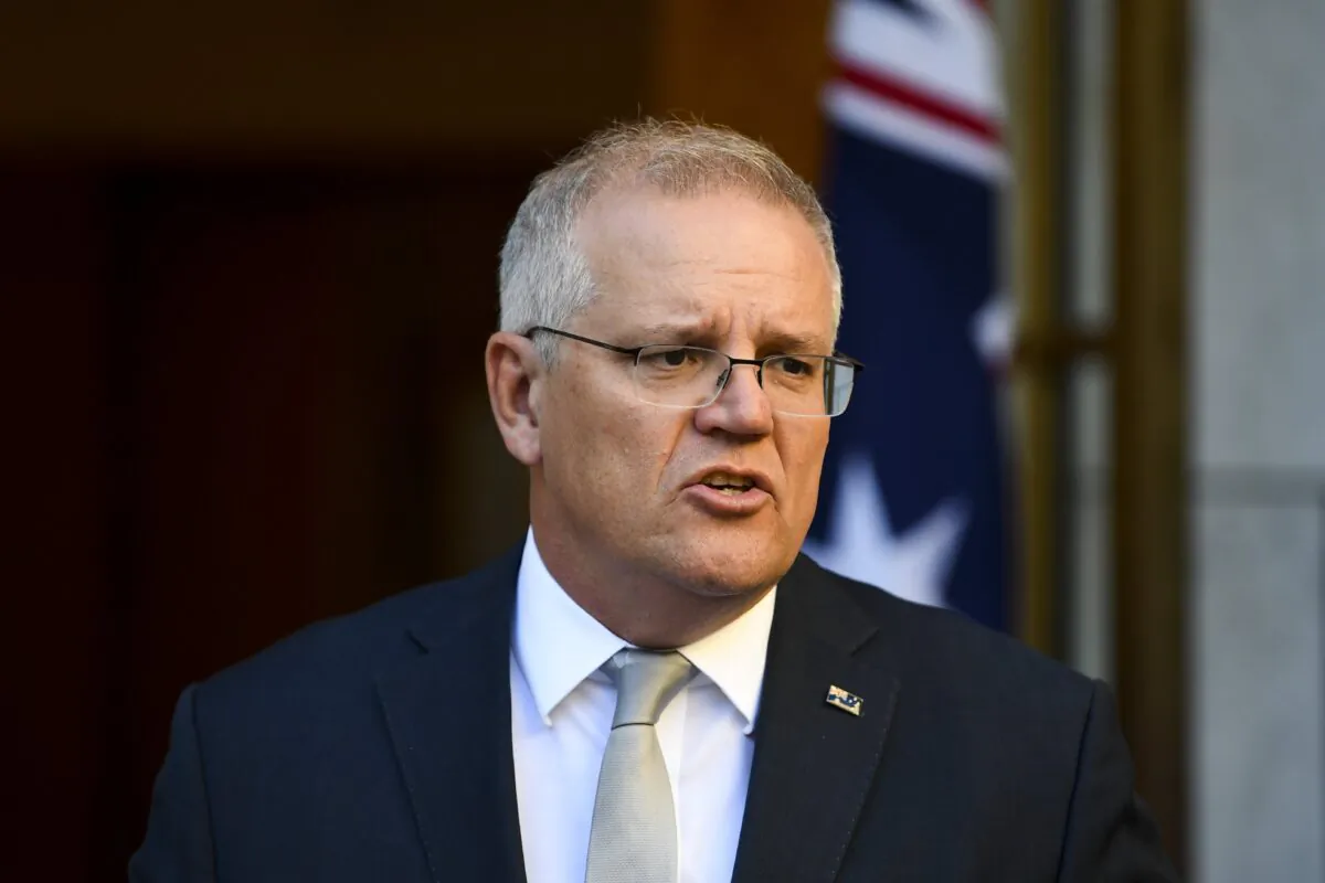 Australian Prime Minister Scott Morrison speaks to the media during a press conference following a national cabinet meeting at Parliament House in Canberra, Australia on April 22, 2021. (AAP Image/Lukas Coch)
