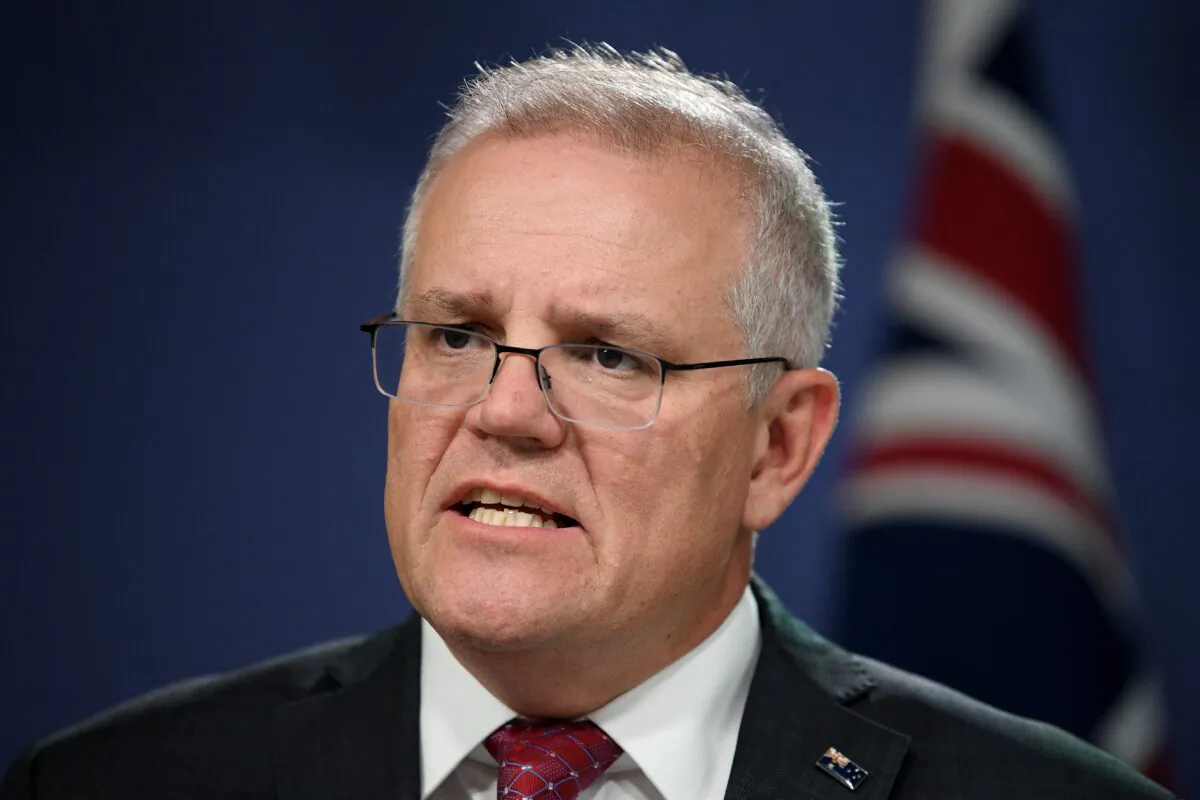 Prime Minister Scott Morrison addresses media during a press conference in Sydney, Australia, April 27, 2021. (AAP Image/Dan Himbrechts)