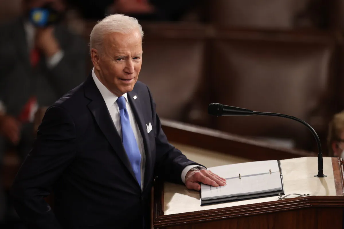 President Joe Biden addresses a joint session of Congress in the House chamber of the U.S. Capitol in Washington, on April 28, 2021. (Jonathan Ernst-Pool/Getty Images)