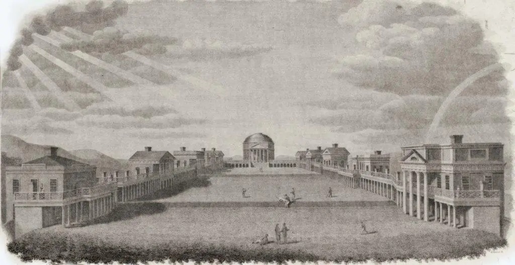 "A Map of the State of Virginia," 1827, by Herman Böÿe, engraved by Benjamin Tanner, features this illustration of the University of Virginia's Academical Village, as seen in 1826. (Herman Böÿe’s 1859 Map of Virginia. Library of Congress)