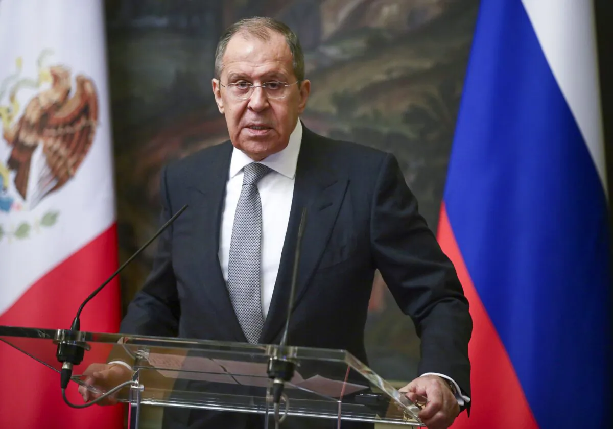Russian Foreign Minister Sergey Lavrov speaks during a joint news conference with Mexican Foreign Minister Marcelo Ebrard following their talks in Moscow, Russia, on April 28, 2021. (Russian Foreign Ministry Press Service via AP)