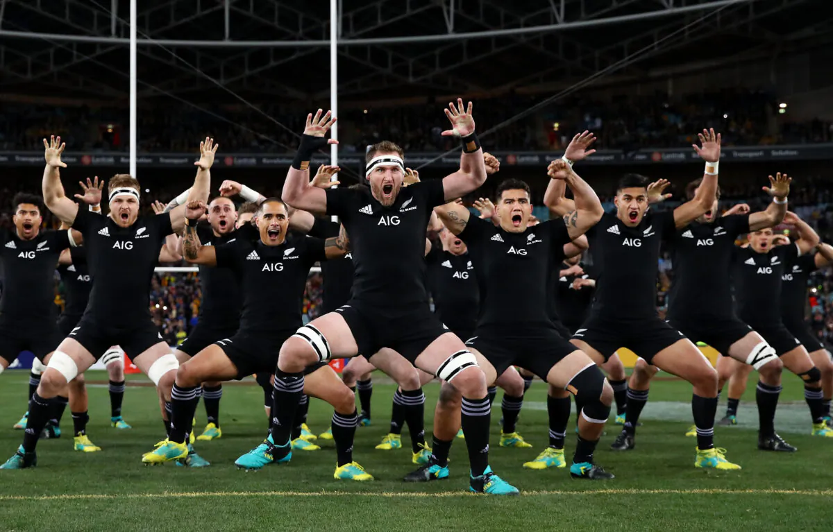 Kieran Read of the All Blacks and teammates perform the Haka during the Rugby Championship Bledisloe Cup match between the Australian Wallabies and the New Zealand All Blacks at ANZ Stadium on August 18, 2018, in Sydney. (Cameron Spencer/Getty Images)