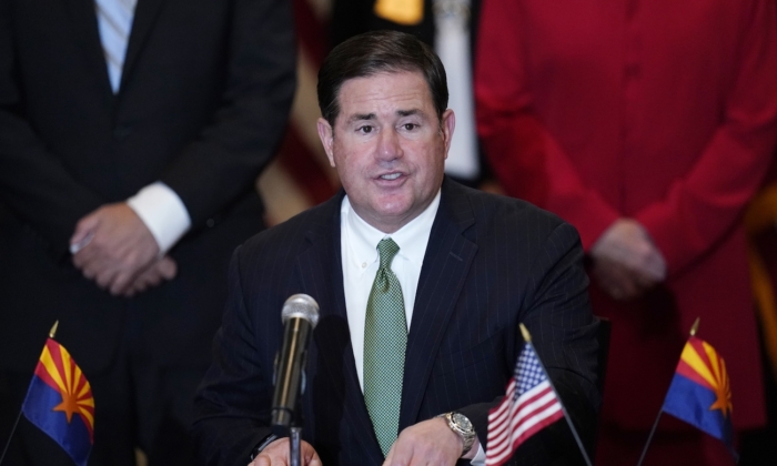 Arizona Gov. Doug Ducey speaks during a bill signing in Phoenix on April 15, 2021. (Ross D. Franklin/AP Photo)