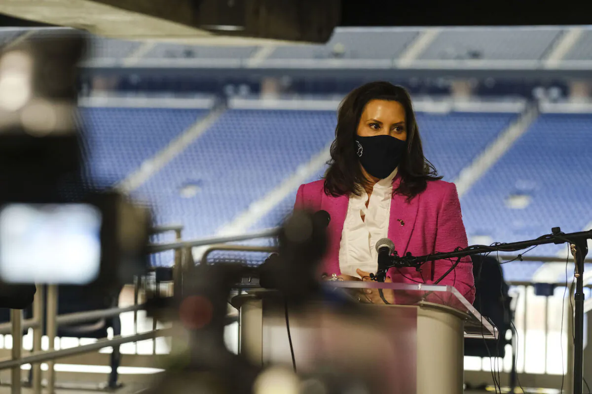 Michigan Governor Gretchen Whitmer speaks to members of the press at Ford Field in Detroit, Michigan, on April 6, 2021. (Matthew Hatcher/Getty Images)