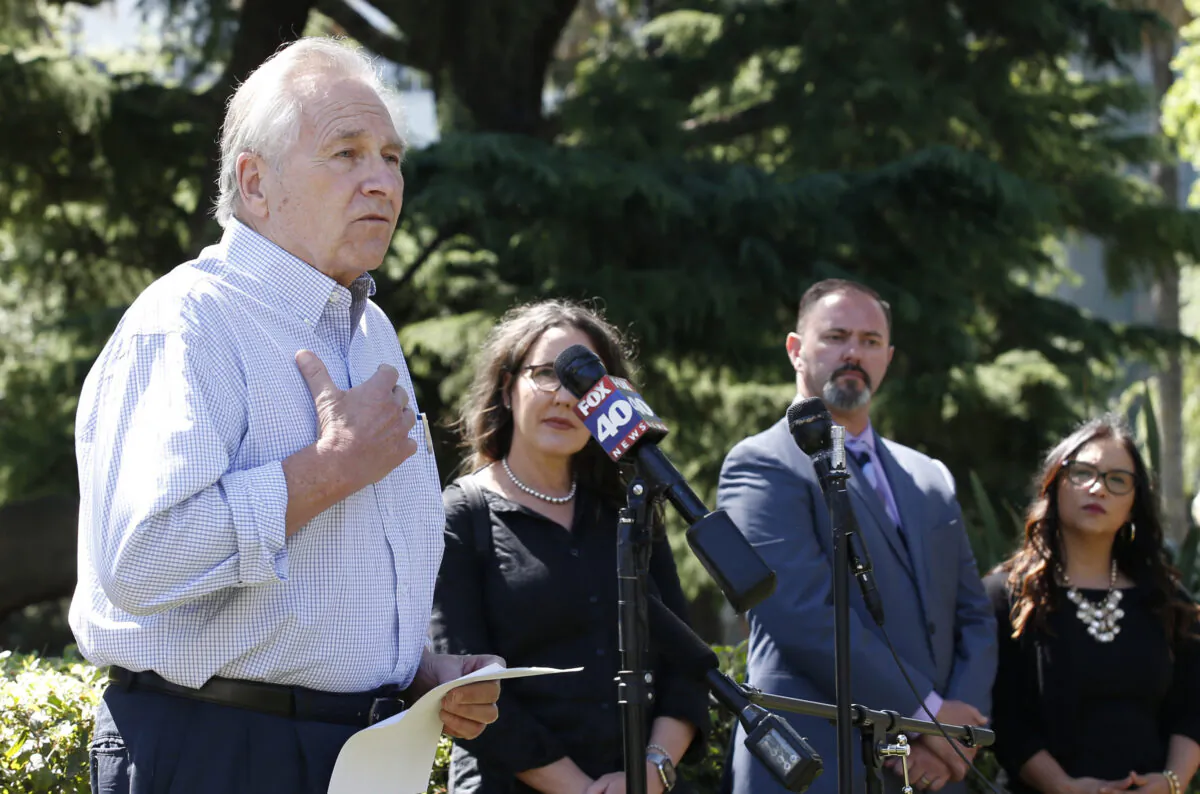 Sen. Jim Nielsen, left, discusses the impact COVID-19 is having on rural residents and businesses during a news conference in Sacramento, Calif., on April 28, 2020. (Rich Pedroncelli/AP Photo)