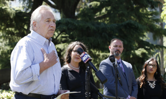 Sen. Jim Nielsen, left, discusses the impact COVID-19 is having on rural residents and businesses during a news conference in Sacramento, Calif., on April 28, 2020. (Rich Pedroncelli/AP Photo)