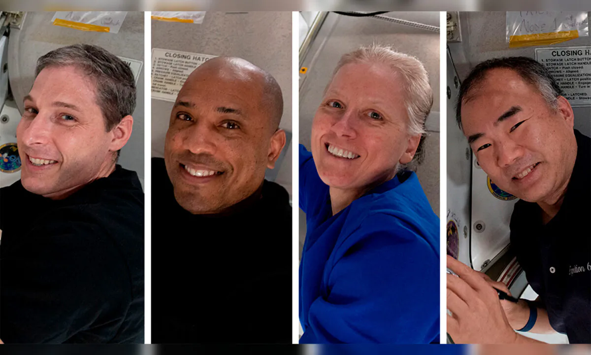 From left, Expedition 64 Flight Engineers and SpaceX Crew-1 members Michael Hopkins, Victor Glover, Shannon Walker and Soichi Noguchi. (NASA via AP)