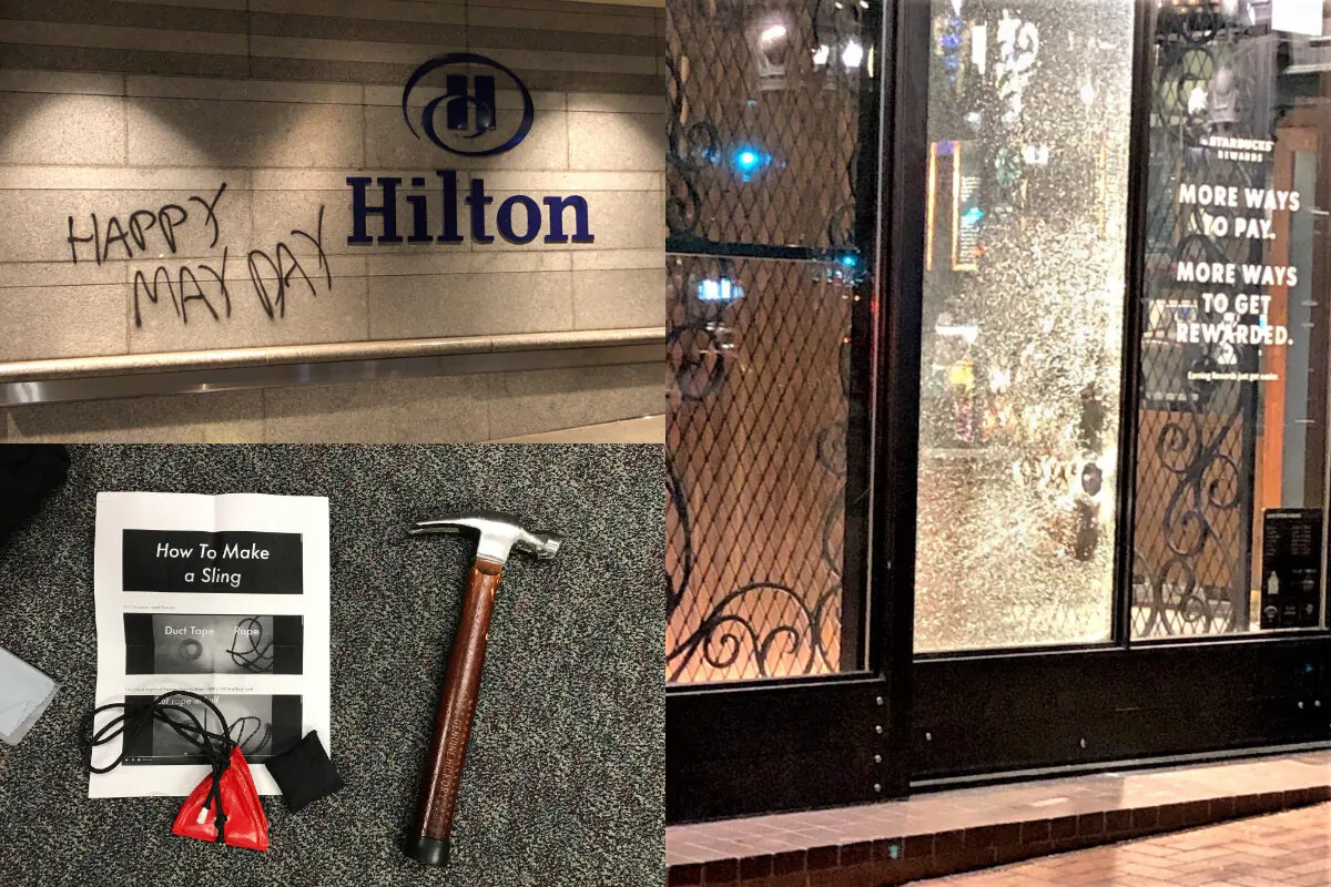 In this combination of photographs, damaged, and vandalized buildings, and a hammer and slingshot found on a rioter, are seen in Portland, Ore., on May 1, 2021. (Portland Police Bureau)