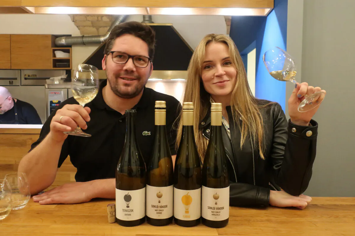Athena Bochanis of Palinkerie Fine Hungarian Imports (R) and Hungarian winemaker Tamas Kis of Somloi Vandor Winery partner to provide Hungarian wines for American audiences. (Courtesy of Taste Hungary)