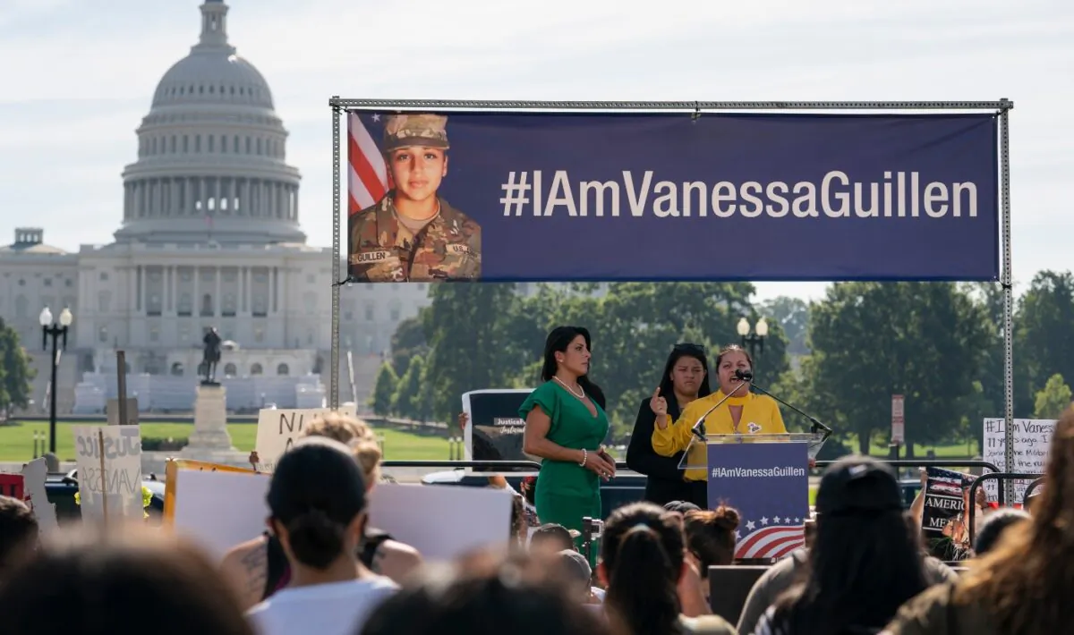 Slain Army Spc. Vanessa Guillen's mother Gloria Guillen (R) joined by Vanessa's sister Lupe Guillen (C) and family attorney Natalie Khawam, speaks as she cries during a news conference on the National Mall in front of Capitol Hill in Washington, on July 30, 2020. (Carolyn Kaster/AP Photo)