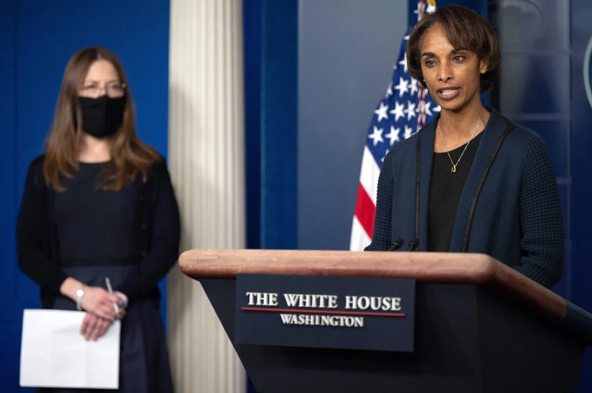 Chair of the Council of Economic Advisers Cecilia Rouse, with member of the Council of Economic Advisers Heather Boushey, speaks during the daily press briefing at the White House in Washington, on March 24, 2021. (Jim Watson/AFP via Getty Images)