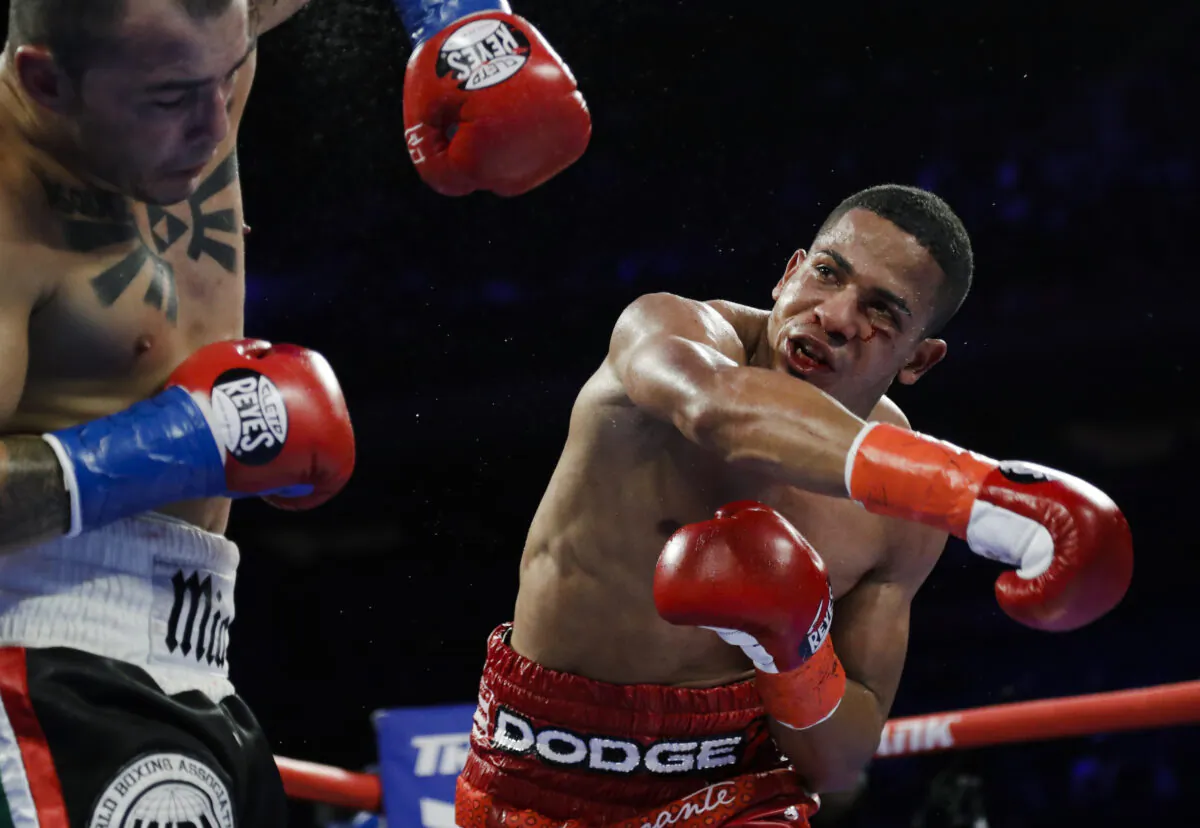 Puerto Rico's Felix Verdejo (R) punches Costa Rica's Bryan Vazquez during the fifth round of a lightweight boxing match in New York, on April 20, 2019. (Frank Franklin II/AP Photo)