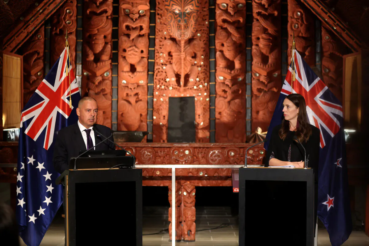 New Zealand Prime Minister Jacinda Ardern (R) and Cook Islands Prime Minister Mark Brown (L) hold a joint press conference at the Auckland War Memorial Museum in Auckland, New Zealand on March 26, 2021.(Phil Walter/Getty Images)