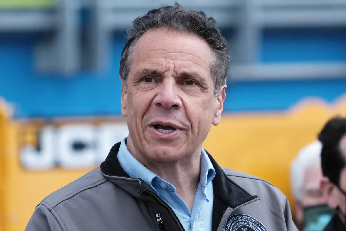 New York Gov. Andrew Cuomo speaks at a press conference in East Rockaway, N.Y., on April 22, 2021. (Spencer Platt/Getty Images)