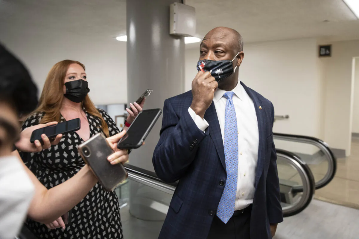Sen. Tim Scott (R-SC) walks through the Senate subway to vote on the Senate floor at the U.S. Capitol in Washington on April 28, 2021. (Sarah Silbiger/Getty Images)