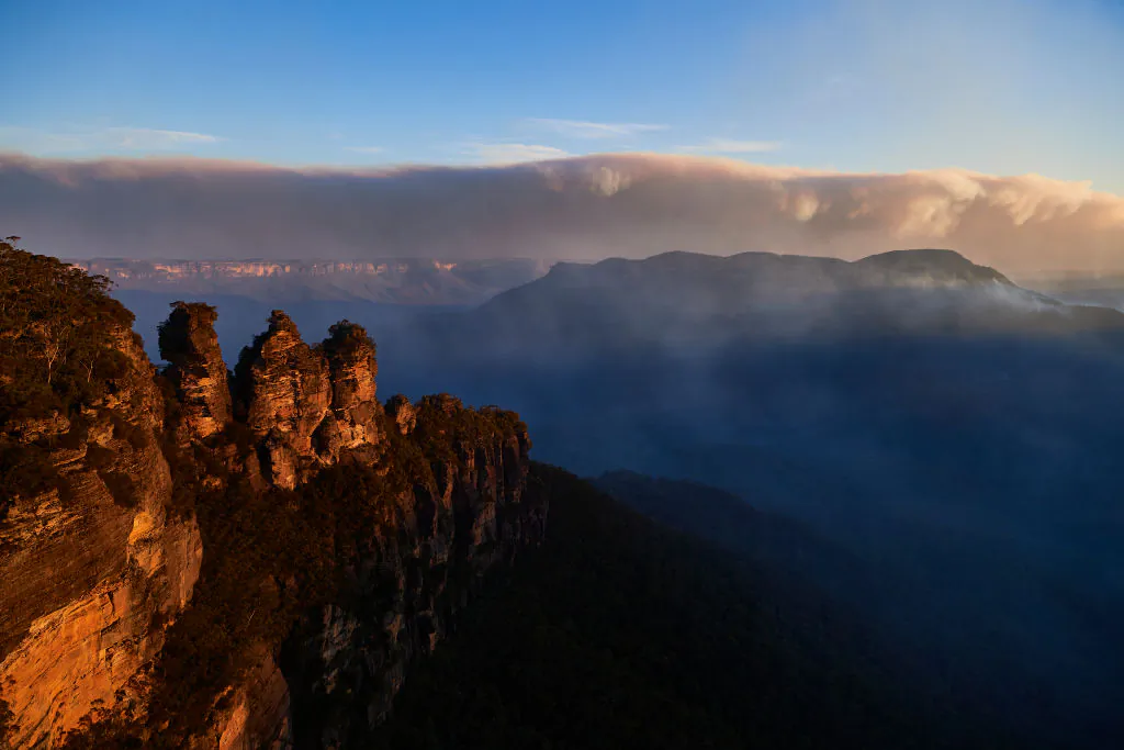 The Three Sisters are pictured as smoke from scattered bushfires covers the horizon on Dec. 4, 2019, in Katoomba, Australia.  (Brett Hemmings/Getty Images)