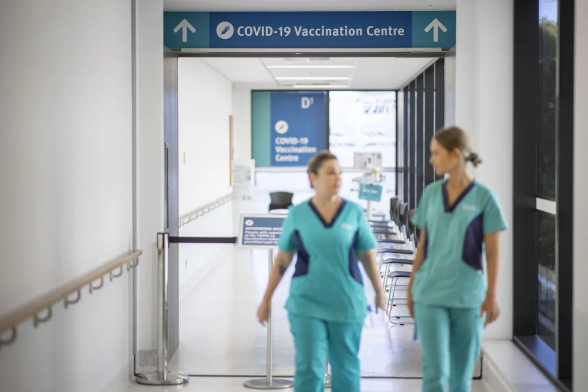 Nurses are seen walking out of the Covid-19 Vaccine wing of University Hospital in Gold Coast, Australia on Feb. 22, 2021. (Glenn Hunt/Getty Images)