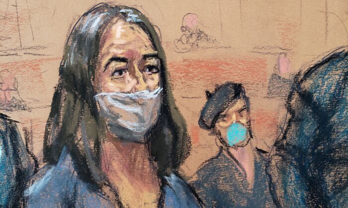 In this courtroom sketch, British socialite Ghislaine Maxwell appears during her arraignment hearing on a new indictment at Manhattan Federal Court in New York City, on April 23, 2021. (Jane Rosenberg/Reuters)