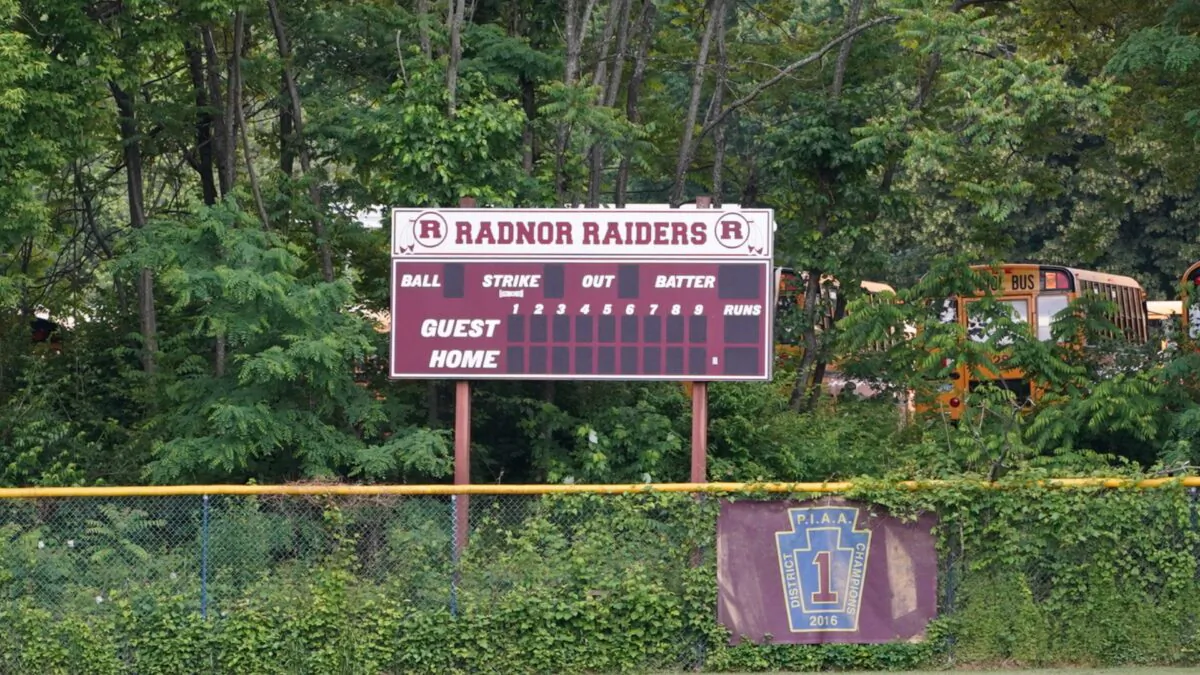 The Sports Scoreboard with “Radnor Raiders” on Radnor High School Campus (William Huang/The Epoch Times)