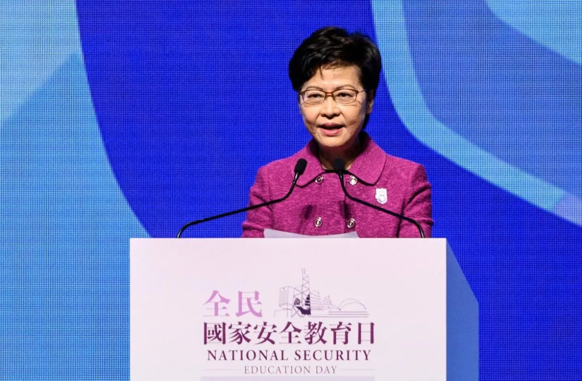 Hong Kong Chief Executive Carrie Lam delivers a speech during the National Security Education Day Opening Ceremony at the Hong Kong Convention Centre in Hong Kong on April 15, 2021. (Anthony Wallace/AFP via Getty Images)