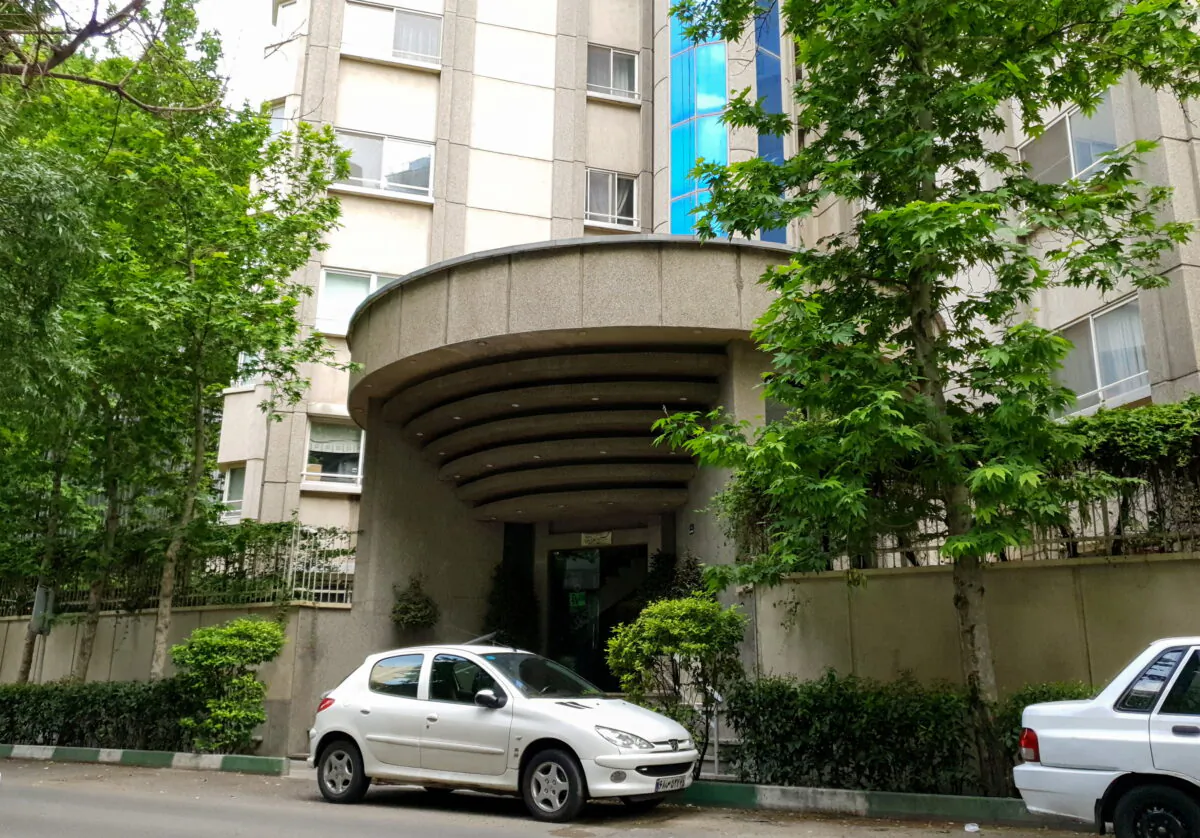 A view of an entrance to the tower where the body was found of the Swiss embassy's first secretary who died after falling from a building, in Tehran, Iran, on May 4, 2021. (Erfan Assar/West Asia News Agency via Reuters)