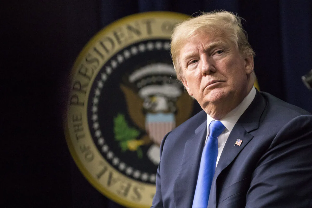President Donald Trump speaks at an event in the South Court Auditorium of the Eisenhower Executive Office Building in Washington on March 22, 2018. (Samira Bouaou/The Epoch Times)