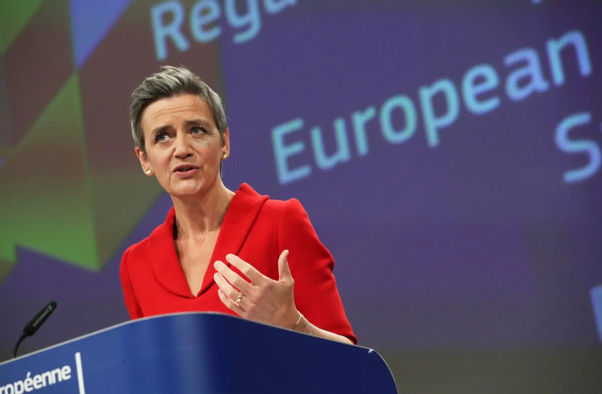 Europeaan Commission Vice Presidents Margrethe Vestager speaks during a joint news conference with Valdis Dombrovskis (not pictured), and EU Commissioner for Internal Market Thierry Breton (not pictured) in Brussels, Belgium, on May 5, 2021. (Yves Herman/Reuters)