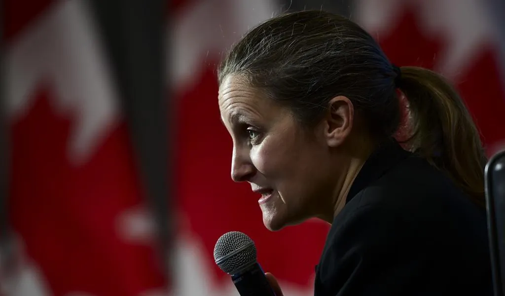 Minister of Finance Chrystia Freeland participates in a virtual discussion from Ottawa on May 3, 2021, with seniors from Residence Memphremagog in Magog, Quebec.(Sean Kilpatrick/The Canadian Press)