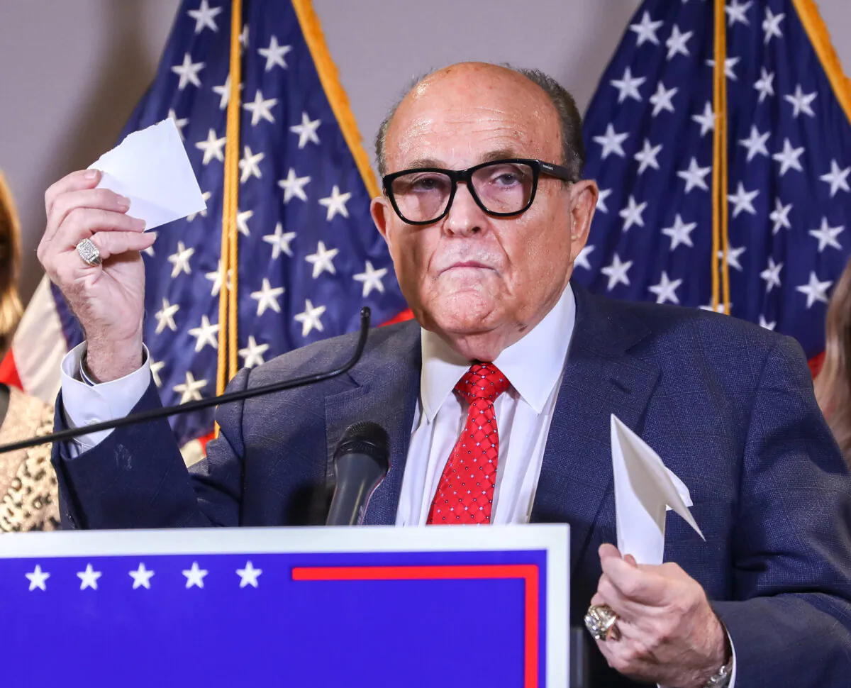 Former New York City Mayor Rudy Giuliani speaks to media at a press conference at the Republican National Committee headquarters in Washington, on Nov. 19, 2020. (Charlotte Cuthbertson/The Epoch Times)