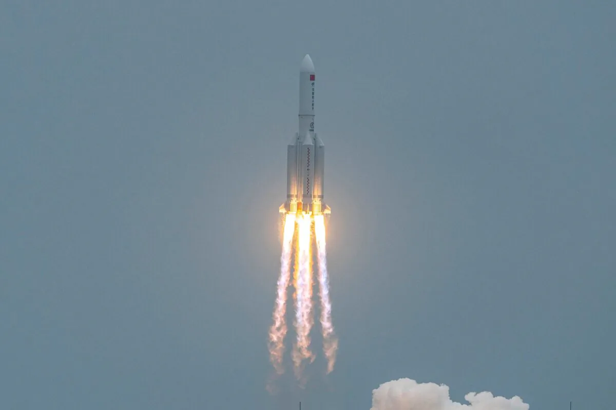 A Long March 5B rocket, carrying China's Tianhe space station core module, lifts off from the Wenchang Space Launch Center in southern China's Hainan Province, China, on April 29, 2021. (STR/AFP via Getty Images)