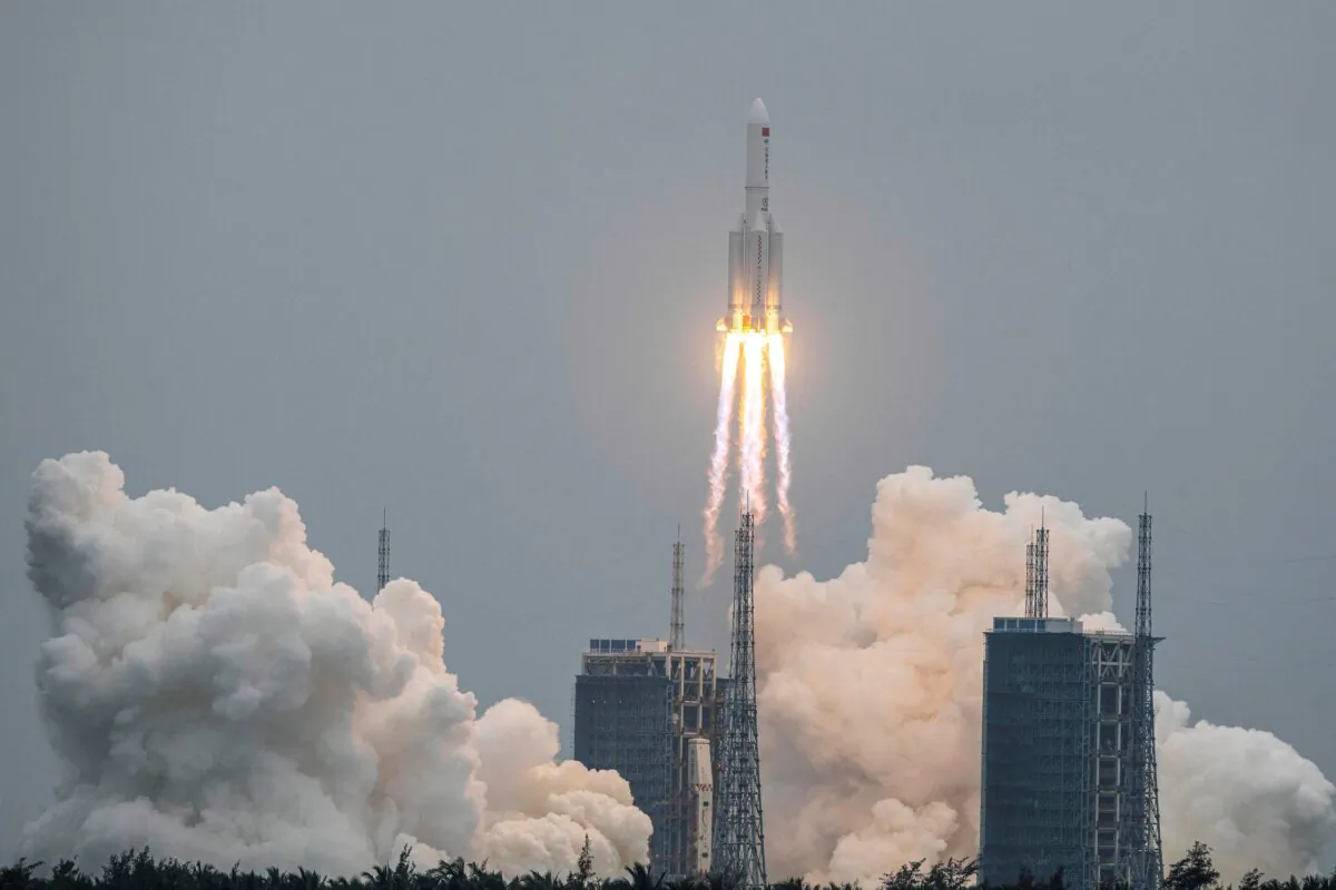 A Long March 5B rocket, carrying China's Tianhe space station core module, lifts off from the Wenchang Space Launch Center in southern China's Hainan Province on April 29, 2021. (STR/AFP via Getty Images)