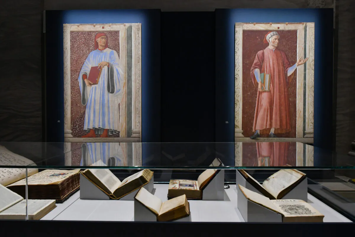 Portraits of  Italian literary greats (L) Giovanni Boccaccio and Dante, by Andrea del Castagno and texts by Dante or inspired by him are among some of the around 300 works at the “Dante: The Vision of Art” exhibition. (Fabio Blaco/The Uffizi Galleries)