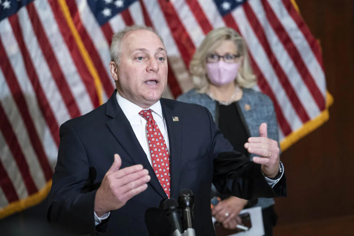 Rep. Steve Scalise (R-La.) speaks during a press conference following a House Republican caucus meeting on Capitol Hill in Washington on April 20, 2021. (Sarah Silbiger/Getty Images)