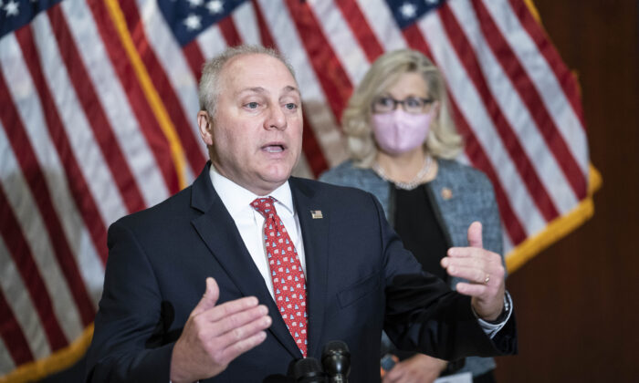 Rep. Steve Scalise (R-La.) speaks during a press conference following a House Republican caucus meeting on Capitol Hill in Washington on April 20, 2021. (Sarah Silbiger/Getty Images)