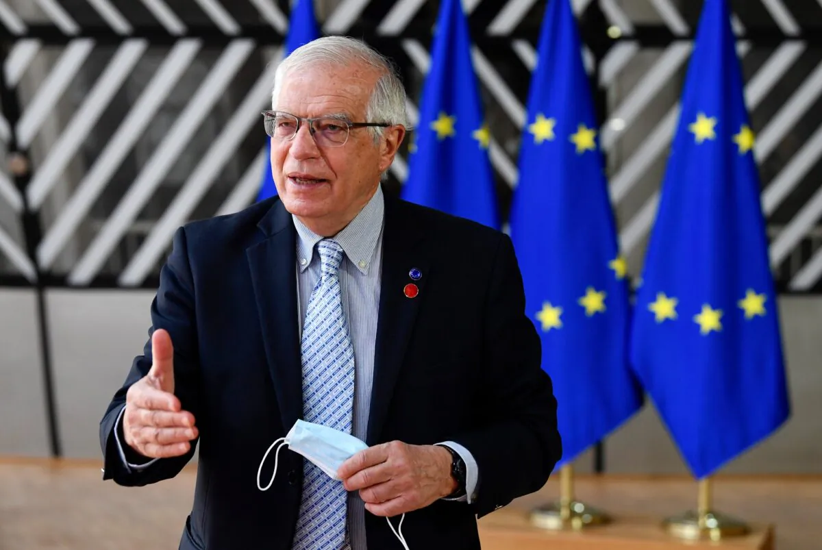 European Union foreign policy chief Josep Borrell makes a statement as he arrives for a meeting of EU defense ministers at the European Council building in Brussels, on May 6, 2021. The EU on May 6 authorized the United States, Canada and Norway to join a major military project aimed at speeding up the deployment of troops and military equipment around Europe. (John Thys, Pool via AP)