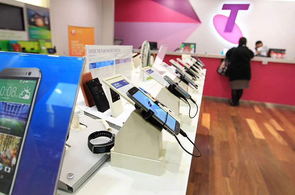Mobile phones products and on display in a Telstra retail store in Sydney on July 24, 2014, in Sydney, Australia. (James Alcock/Getty Images)