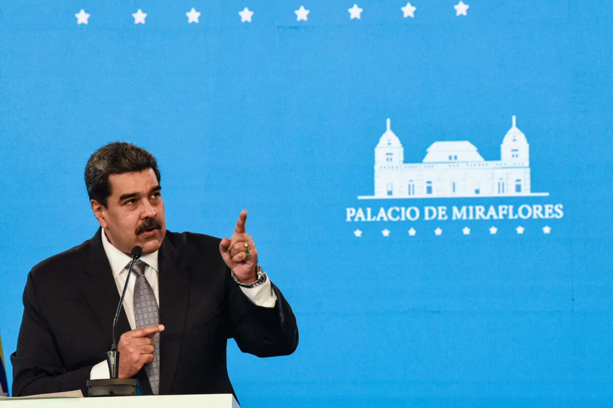 Venezuelan regime leader Nicolas Maduro speaks in a press conference in Miraflores Palace in Caracas, Venezuela, on Feb. 17, 2021. (Carolina Cabral/Getty Images)