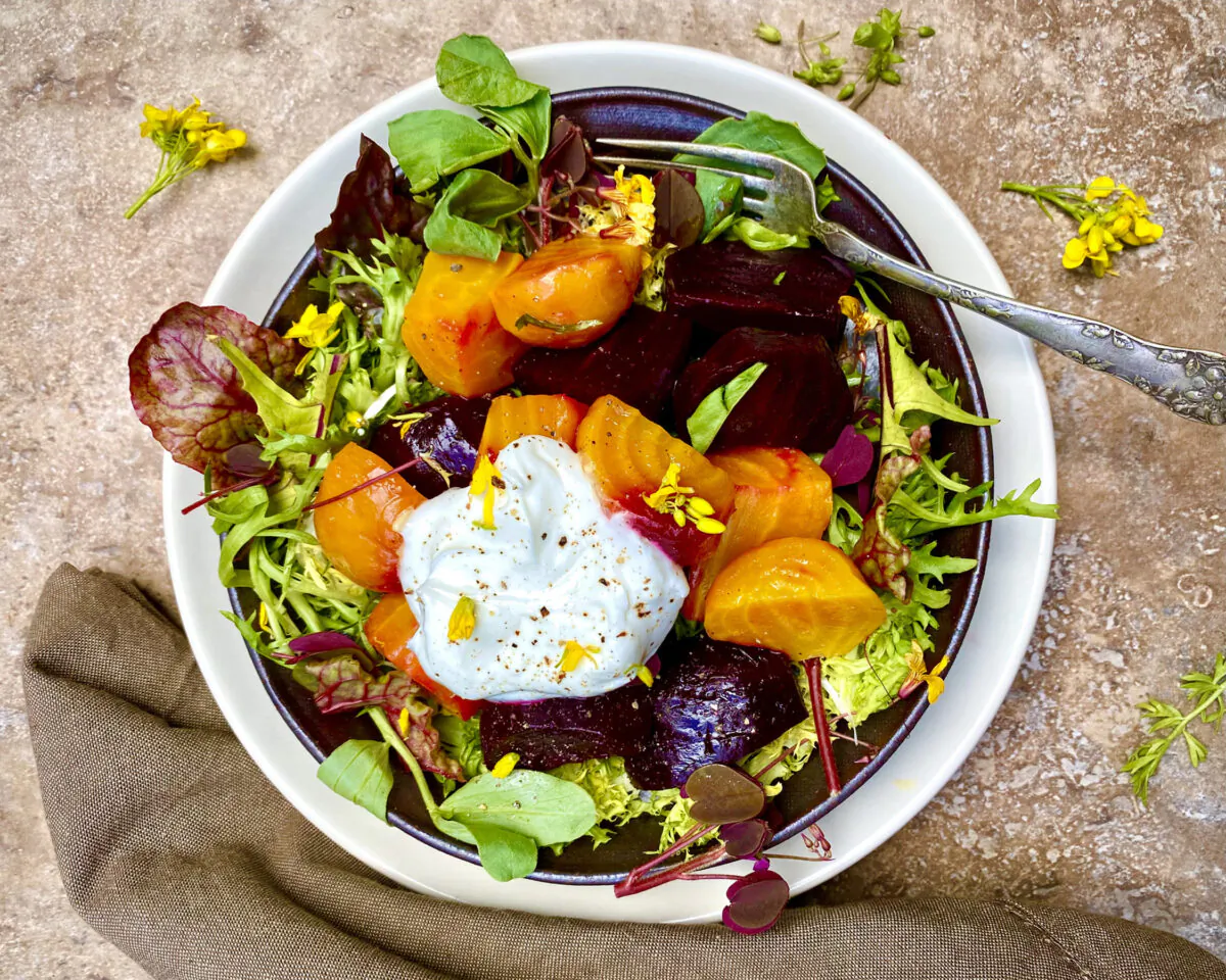 Dollop savory whipped ricotta on this roasted beet and spring greens salad. (Lynda Balslev for Tastefood)