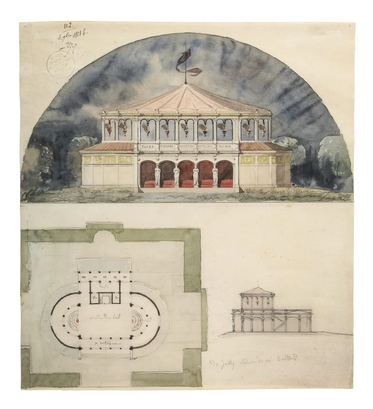 Twelve-hour assignment for a garden ballroom: elevation, plan, and cross-section, 1846, by Henry Guillot de Juilly. Pencil, ink, and watercolor; 17 inches by 151/4 inches. Peter May Collection. (Courtesy of Peter May)