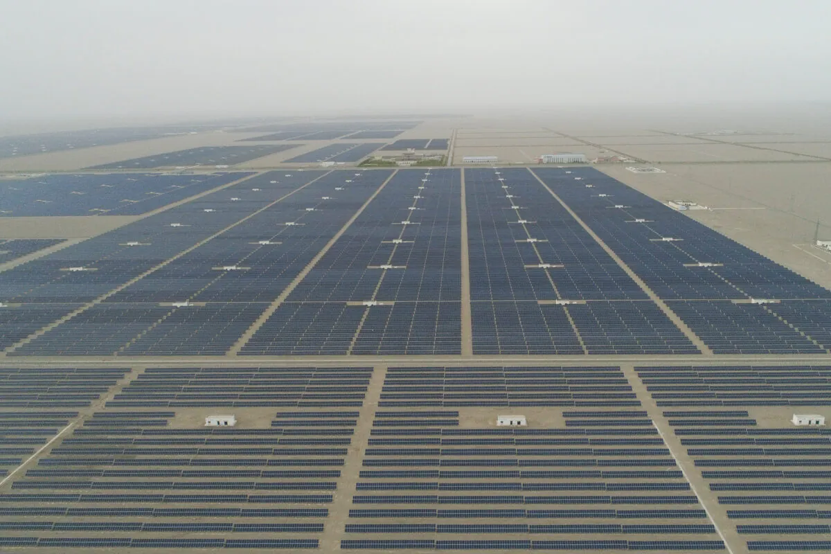 A general view of the solar modules of a newly installed 100MW photovoltaic on-grid power project in Dunhuang, China, on April 23, 2019. (Lintao Zhang/Getty Images)