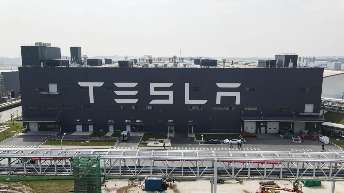 An aerial view of Tesla Shanghai Gigafactory in Shanghai, China, on March 29, 2021. Tesla Shanghai Gigafactory is reportedly producing vehicles at a rate of about 450,000 cars per year. (Xiaolu Chu/Getty Images)