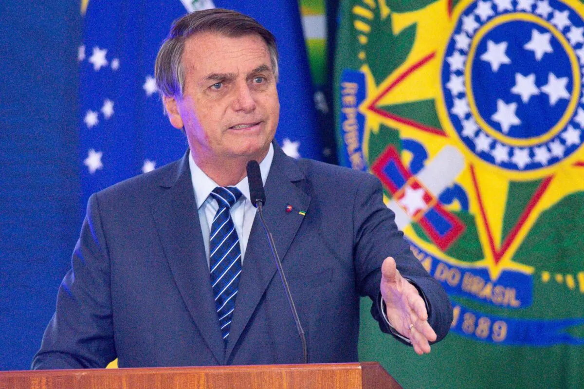 President of Brazil Jair Bolsonaro gives a speech during the opening of Brazil Communications week at Planalto Palace in Brasilia, Brazil, on May 5, 2021. (Andressa Anholete/Getty Images)