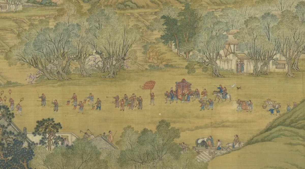A detail from the handscroll “Up The River During the Qingming” of the Ming Dynastry shows a groom collecting his bride. (Courtesy of the National Palace Museum)