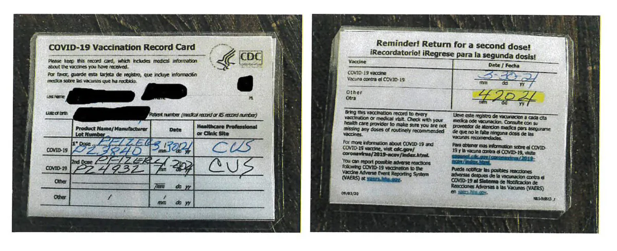 This undated photo provided by the California Department of Alcoholic Beverage Control shows a fraudulent COVID-19 vaccination card. (California Department of Alcoholic Beverage Control via AP)