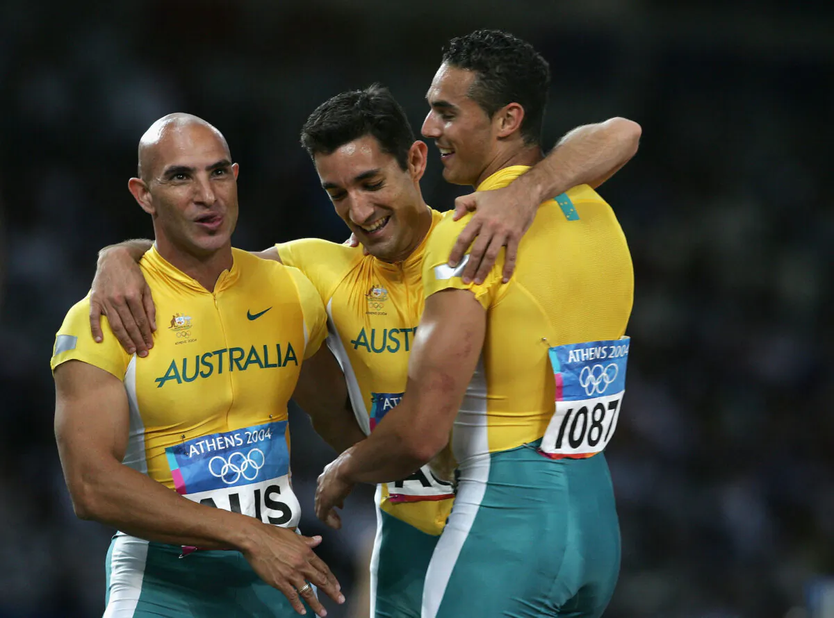 (L-R) Adam Basil, Patrick Johnson, and Joshua Roberts of Australia during the Athens 2004 Summer Olympic Games in Athens, Greece on Aug. 27, 2004. (Andy Lyons/Getty Images)