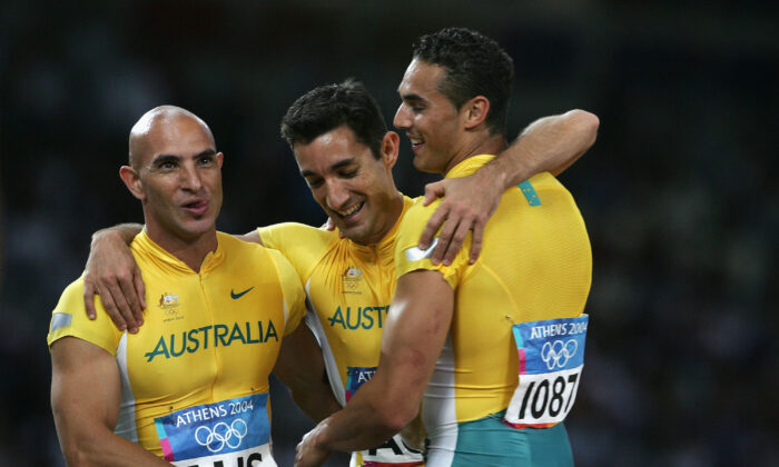 (L-R) Adam Basil, Patrick Johnson, and Joshua Roberts of Australia during the Athens 2004 Summer Olympic Games in Athens, Greece on Aug. 27, 2004. (Andy Lyons/Getty Images)