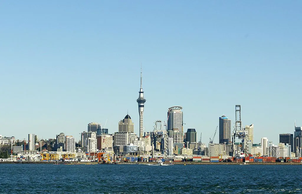 A view from the Auckland Harbor looking back onto the ports and through to the city skyline. (Sandra Teddy/Getty Images)